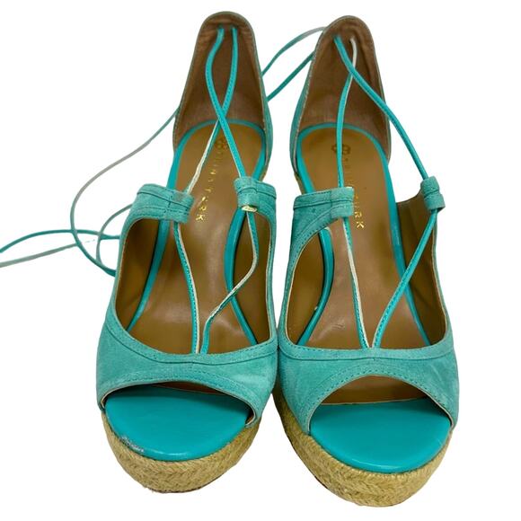 Trina Turk Sueded Leather Lace up Ankle Wrap Wedge Sandals - AQUAMARINE - Picture 2 of 13